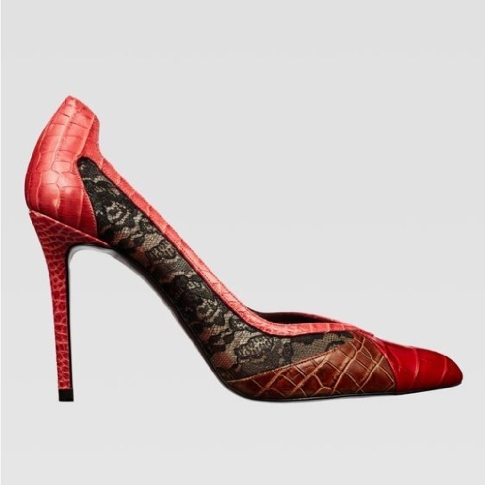 🌹NWOT. Zara Red Animal Print Lace High Heel Shoes. Size 7,5. - Picture 2 of 12